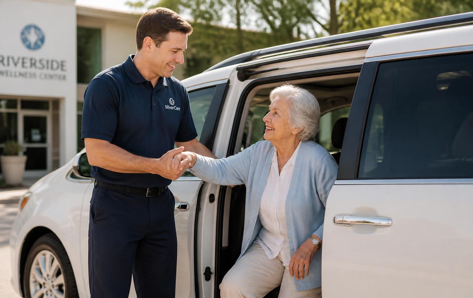A professional driver helping a senior passenger step out of a clean medical transport van
