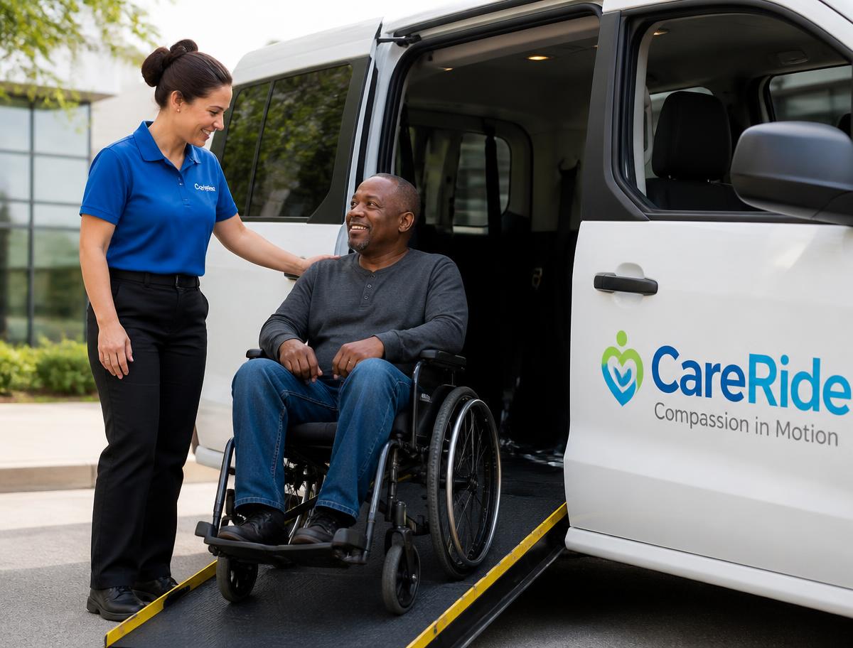 Driver assisting a passenger in a wheelchair onto an accessible van ramp